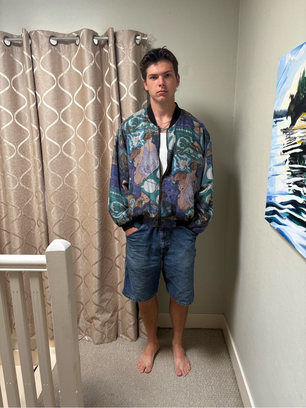 Vintage Silk Teal Purple Multicolor Men’s Bomber Jacket
